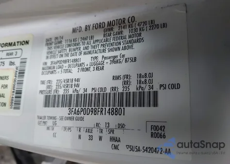 2015 Ford Fusion Titanium из США, поврежденный, VIN 3FA6P0D98FR148801